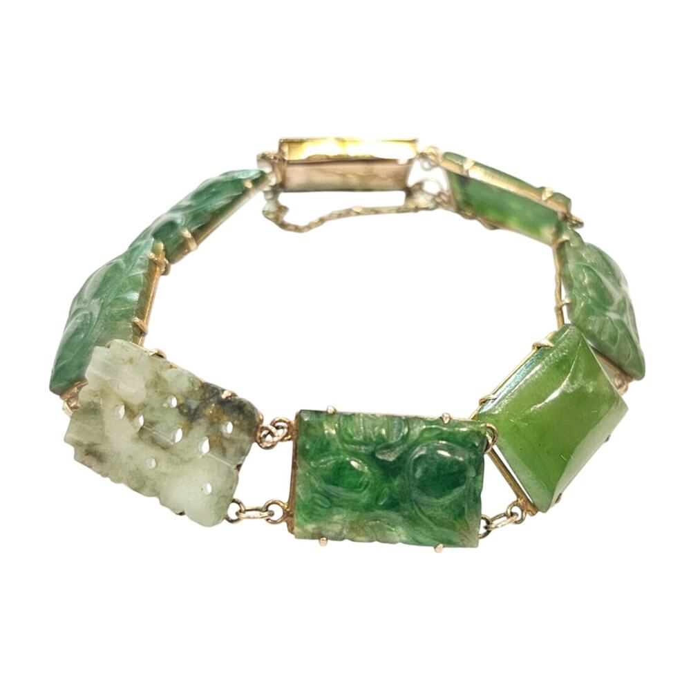 Antique Chinese 9K Gold Carved Jadeite Nephrite Panel Bracelet